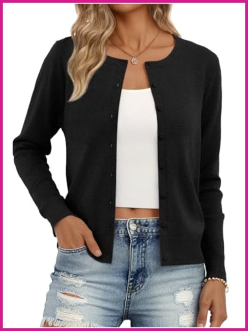 Women's Lightweight Soft Knit Button Cardigan Long Sleeve Crew Neck